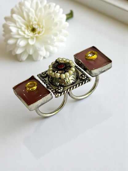 PINK BHUVI BOXED TWO FINGER GERMAN SILVER RING