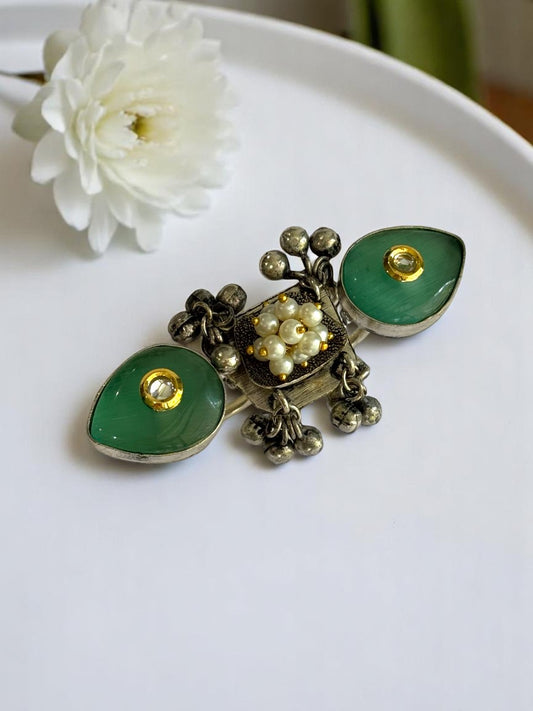 SEA GREEN BINITA TWO FINGER GERMAN SILVER RING