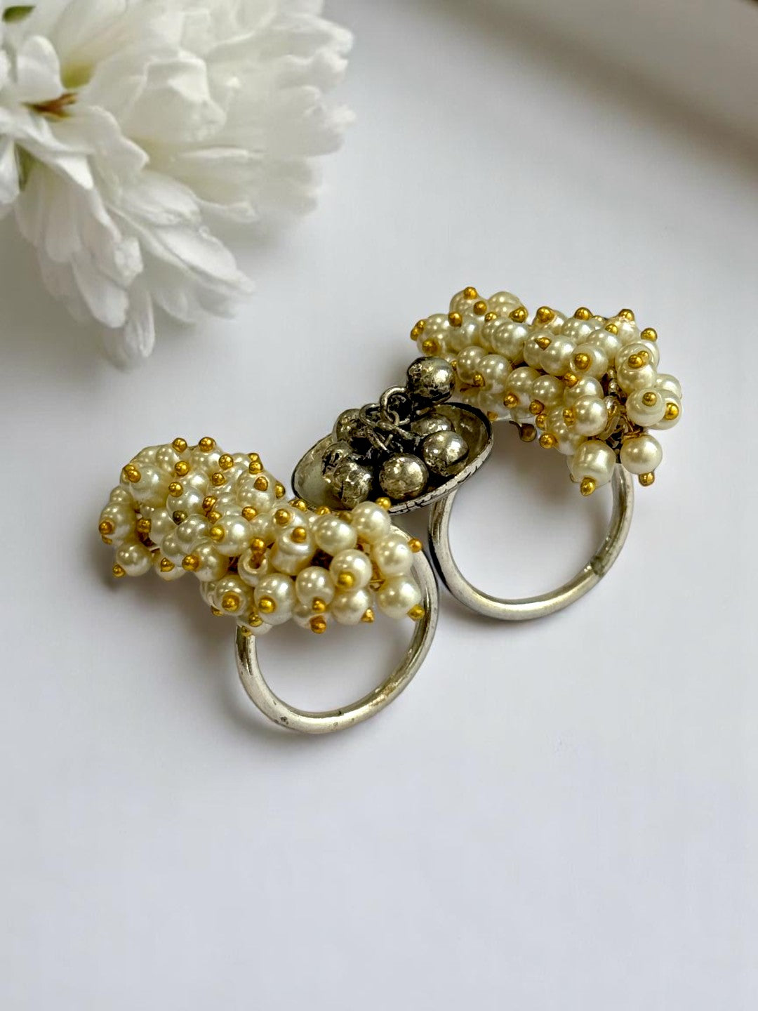 SILVER PEARL DHANYA TWO FINGER GERMAN SILVER RING