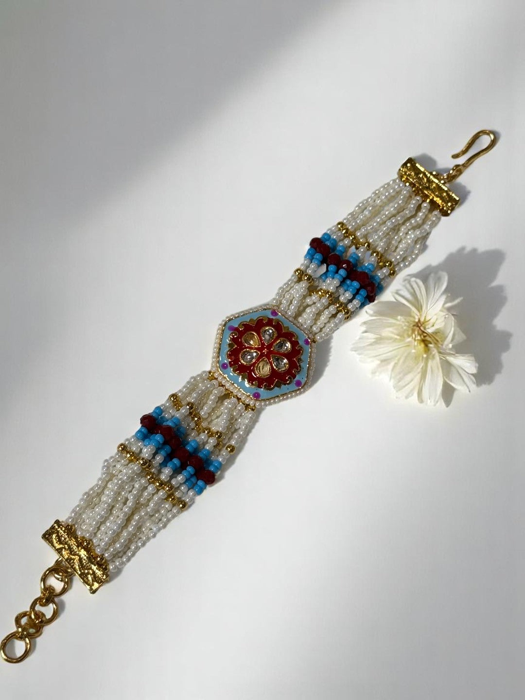 SKY BLUE RED GARGEE KUNDAN BRACELET