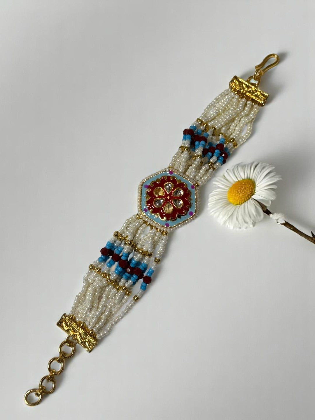 SKY BLUE RED GARGEE KUNDAN BRACELET