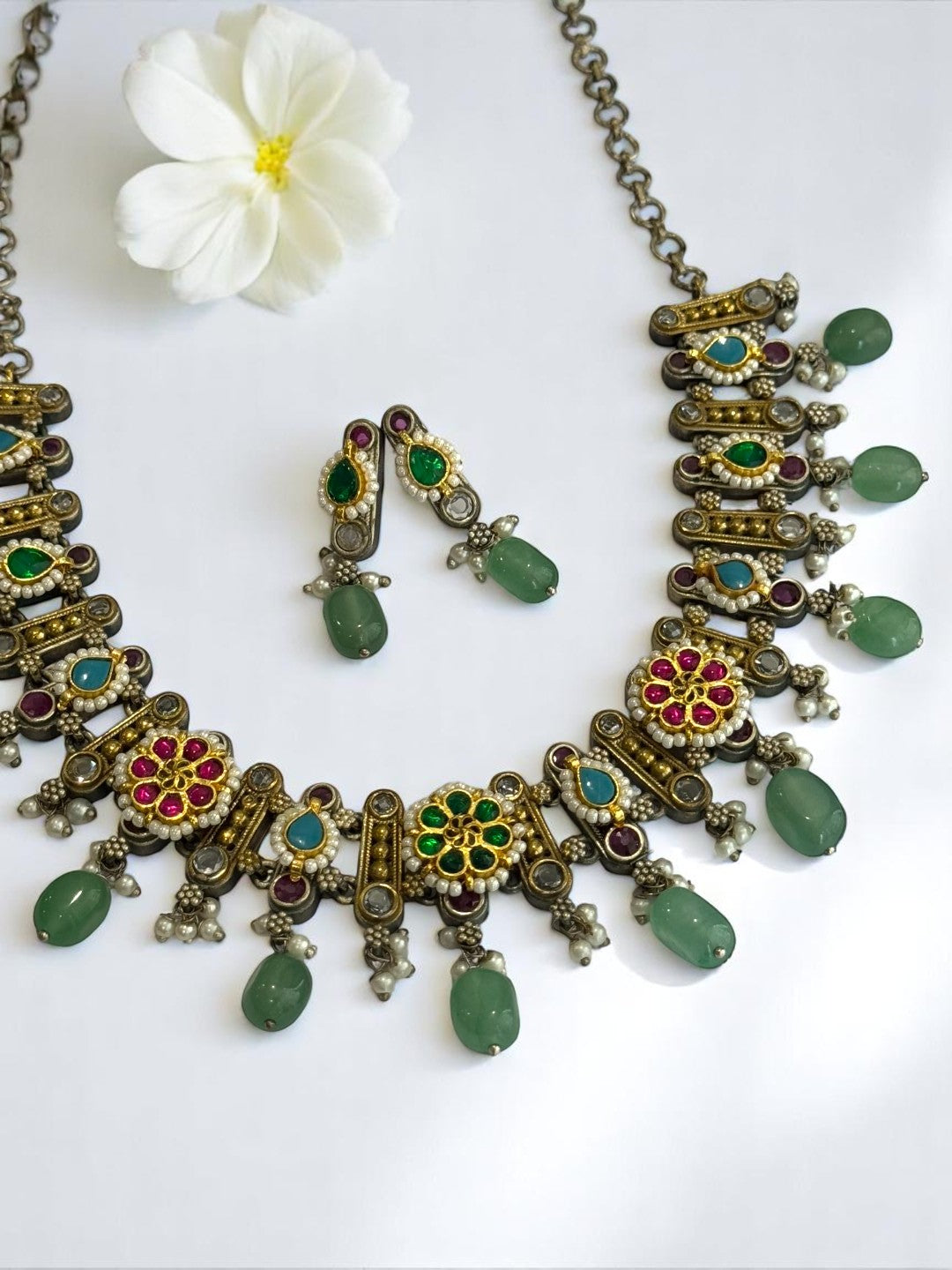 SEA GREEN SAABIRA GERMAN SILVER JEWELLERY SET
