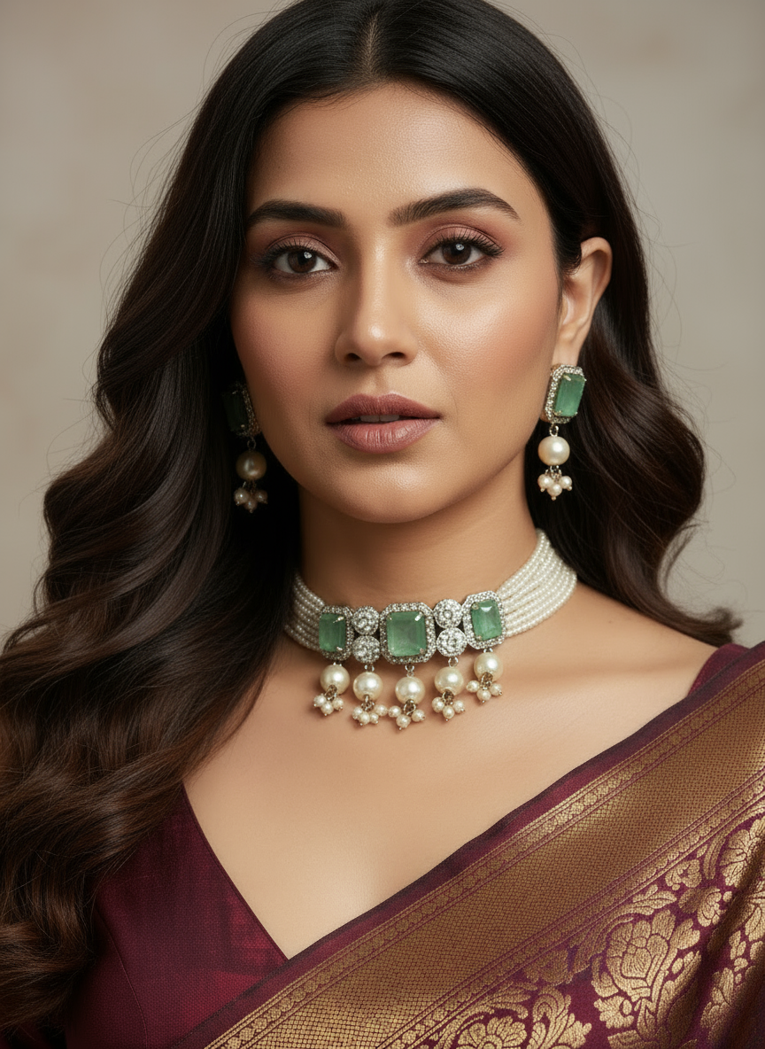 SEA GREEN UCHIKSHA KUNDAN JEWELLERY SET