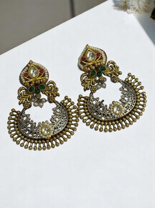 GREEN PINK STONE PEARL AYAANA GERMAN SILVER EARRINGS