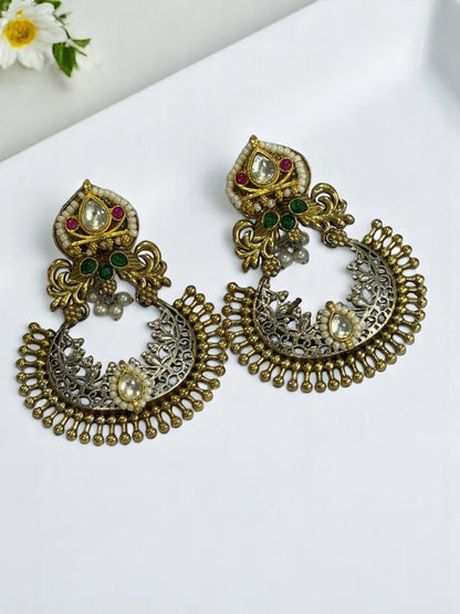 GREEN PINK STONE PEARL AYAANA GERMAN SILVER EARRINGS