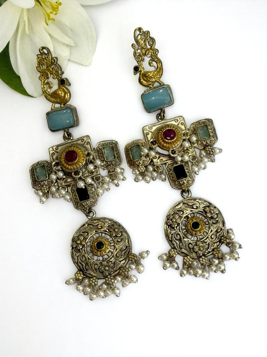 SEA GREEN JOSHIKA GERMAN SILVER EARRINGS