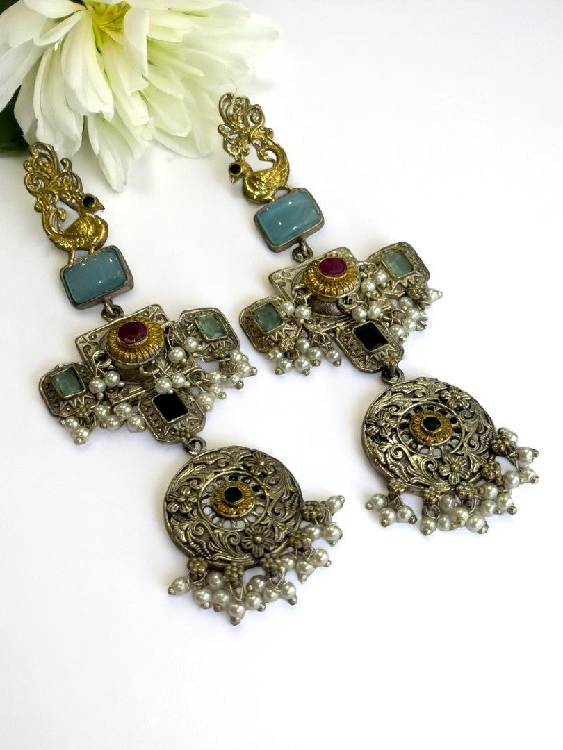 SEA GREEN JOSHIKA GERMAN SILVER EARRINGS
