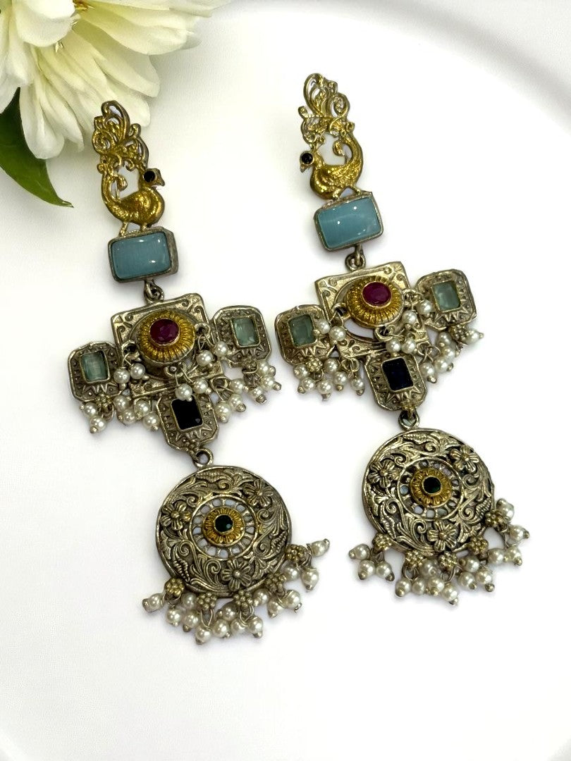 SEA GREEN JOSHIKA GERMAN SILVER EARRINGS