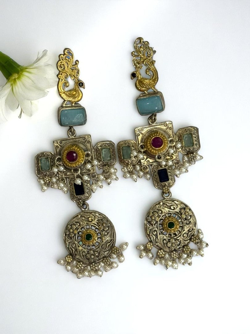 SEA GREEN JOSHIKA GERMAN SILVER EARRINGS