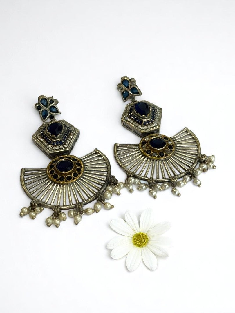 NAVY BLUE KASHISKA GERMAN SILVER EARRINGS