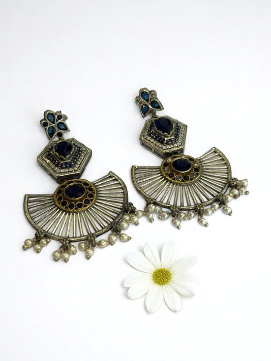 NAVY BLUE KASHISKA GERMAN SILVER EARRINGS