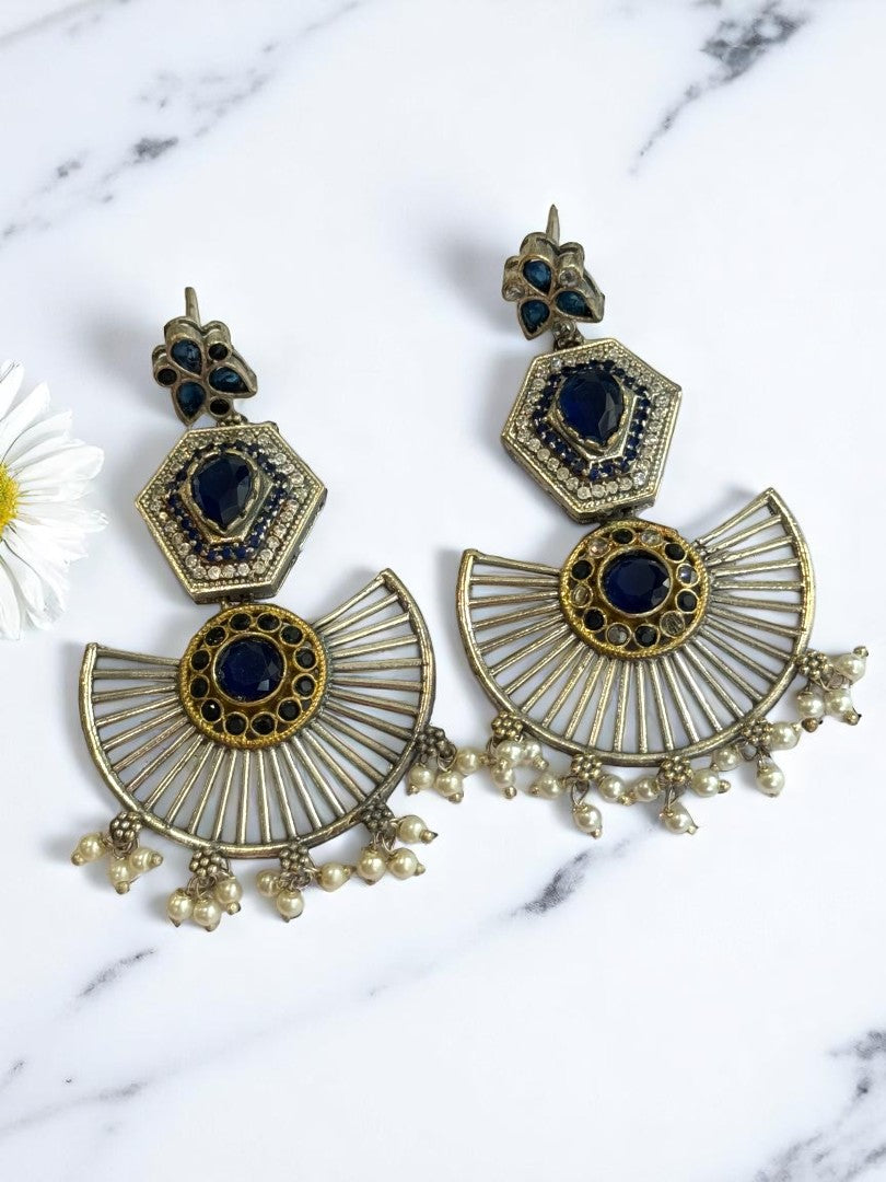 NAVY BLUE KASHISKA GERMAN SILVER EARRINGS