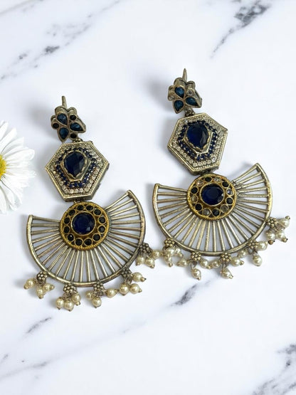 NAVY BLUE KASHISKA GERMAN SILVER EARRINGS