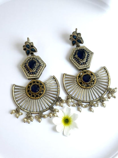 NAVY BLUE KASHISKA GERMAN SILVER EARRINGS