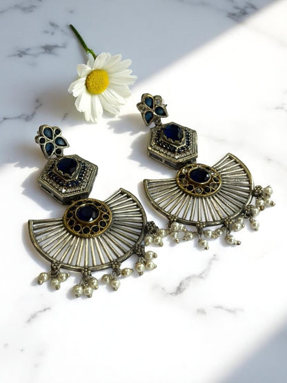 NAVY BLUE KASHISKA GERMAN SILVER EARRINGS
