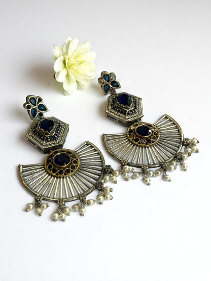 NAVY BLUE KASHISKA GERMAN SILVER EARRINGS
