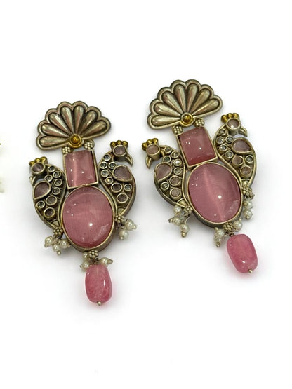 PINK STONE LEELA GERMAN SILVER EARRINGS