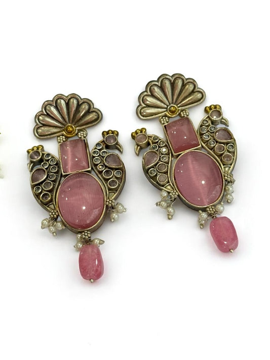 PINK STONE LEELA GERMAN SILVER EARRINGS