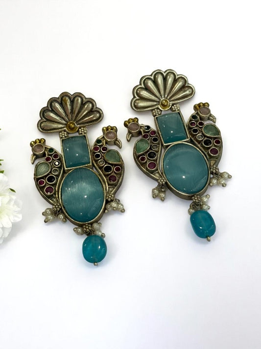 SEA BLUE STONE LEELA GERMAN SILVER EARRINGS