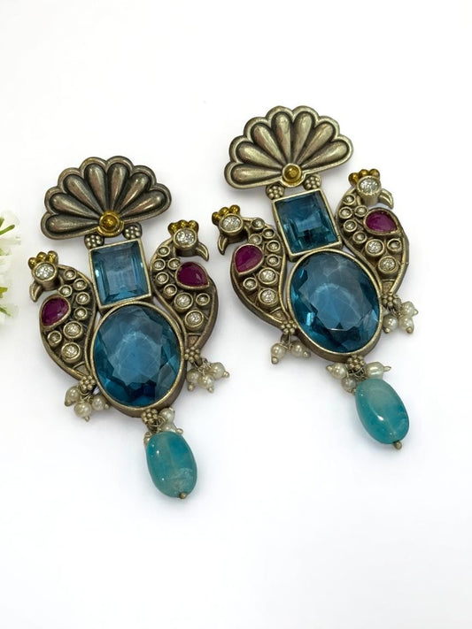 BLUE STONE LEELA GERMAN SILVER EARRINGS
