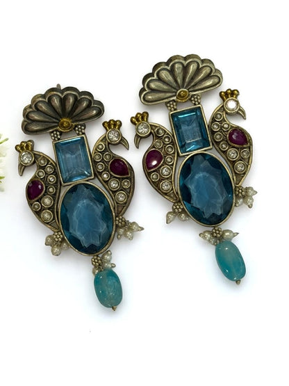 BLUE STONE LEELA GERMAN SILVER EARRINGS