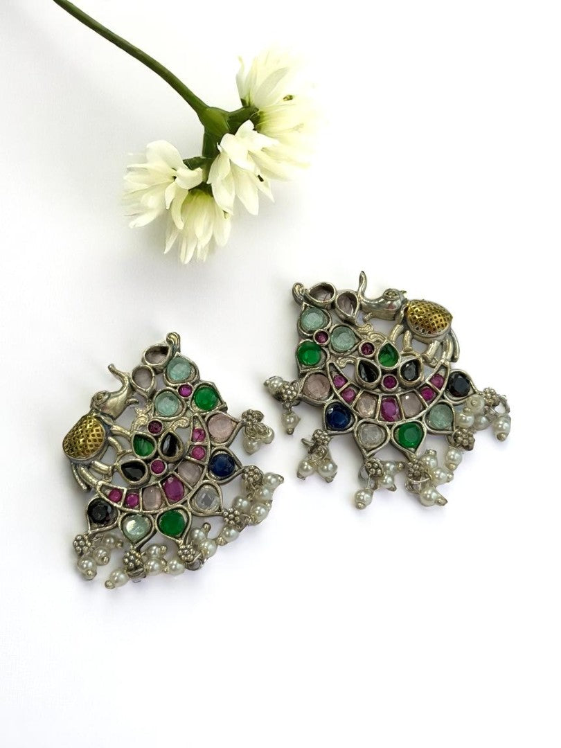 MULTI STONE MRIDULA GERMAN SILVER EARRINGS