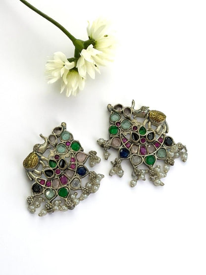 MULTI STONE MRIDULA GERMAN SILVER EARRINGS