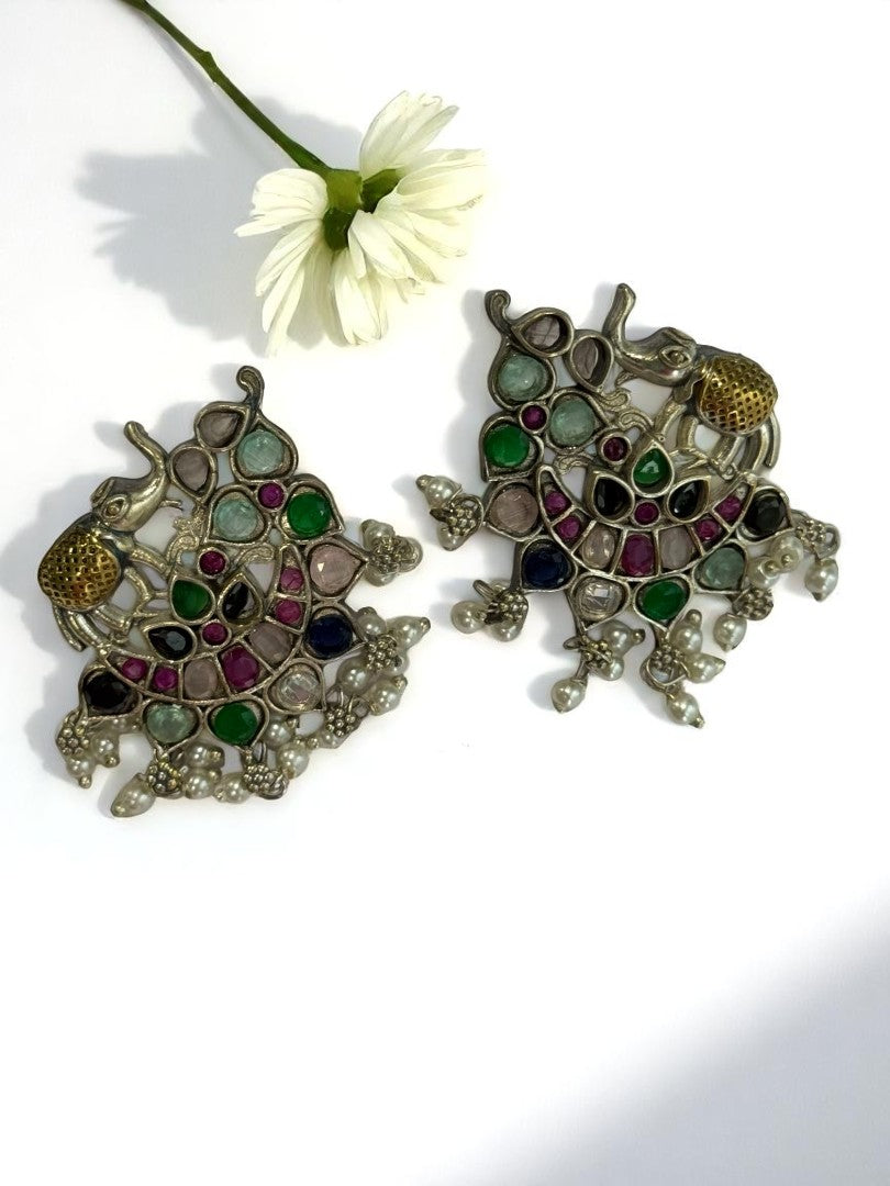 MULTI STONE MRIDULA GERMAN SILVER EARRINGS