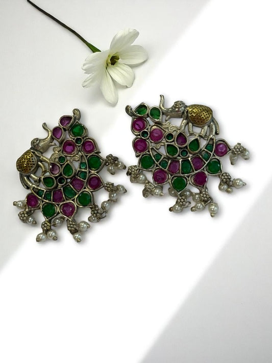 GREEN PINK STONE MRIDULA GERMAN SILVER EARRINGS