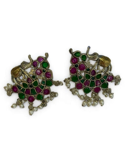 GREEN PINK STONE MRIDULA GERMAN SILVER EARRINGS