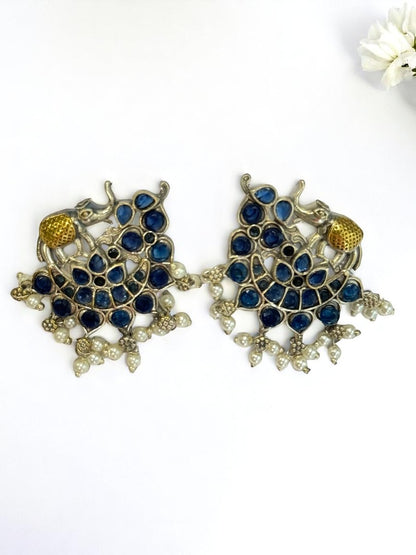 BLUE STONE MRIDULA GERMAN SILVER EARRINGS