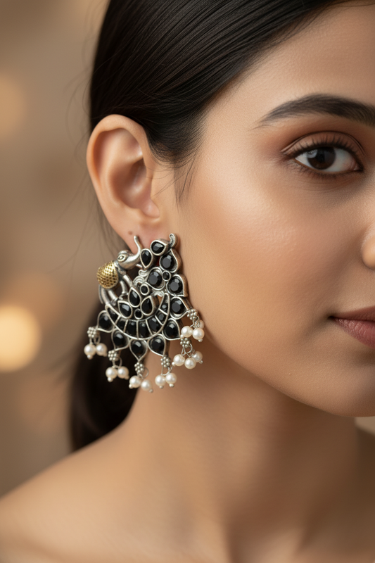 BLACK STONE MRIDULA GERMAN SILVER EARRINGS