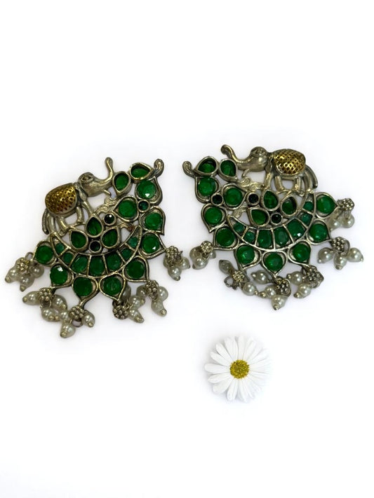 GREEN STONE MRIDULA GERMAN SILVER EARRINGS