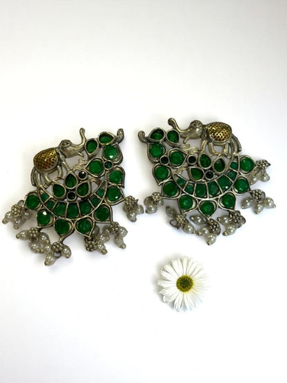 GREEN STONE MRIDULA GERMAN SILVER EARRINGS