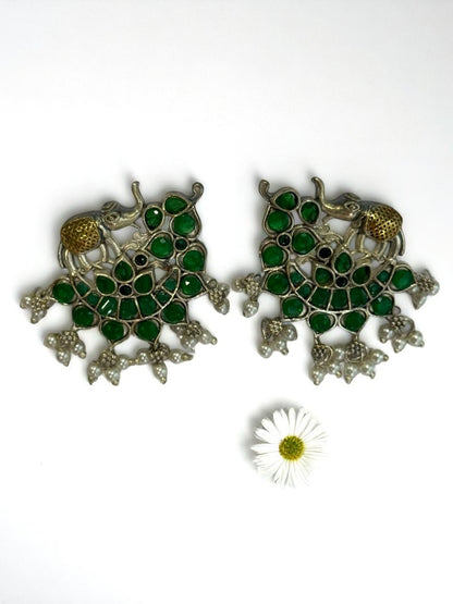 GREEN STONE MRIDULA GERMAN SILVER EARRINGS
