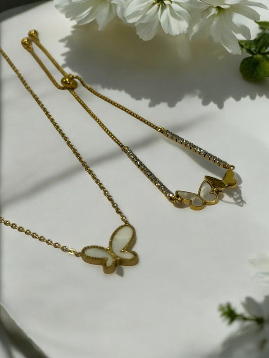 WHITE BUTTERFLY EVERETTY NECKLACE AND BRACELET (COMBO)
