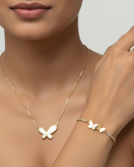WHITE BUTTERFLY EVERETTY NECKLACE AND BRACELET (COMBO)