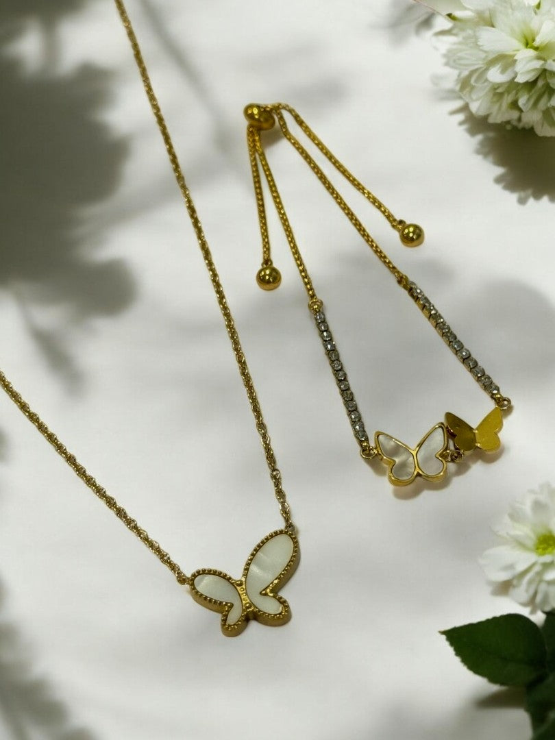 WHITE BUTTERFLY EVERETTY NECKLACE AND BRACELET (COMBO)