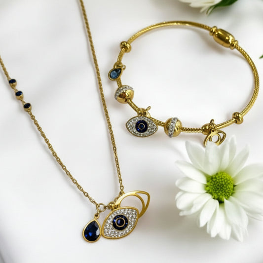 EVIL EYE THREE CHARMS NECKLACE AND BRACELET (COMBO)