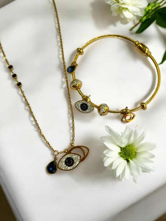 EVIL EYE THREE CHARMS NECKLACE AND BRACELET (COMBO)