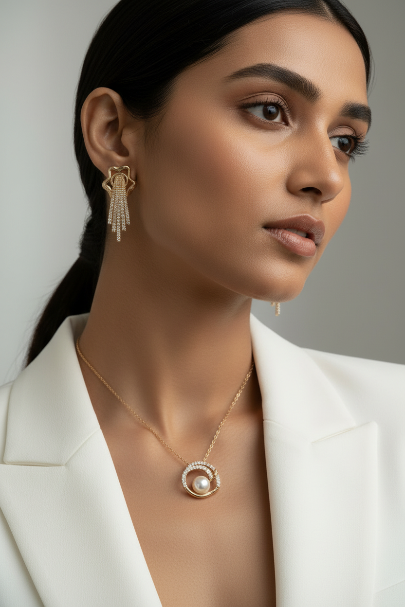 ROSE GOLD PEARL DIAMOND TANYA NACKLACE AND EARRING (COMBO)