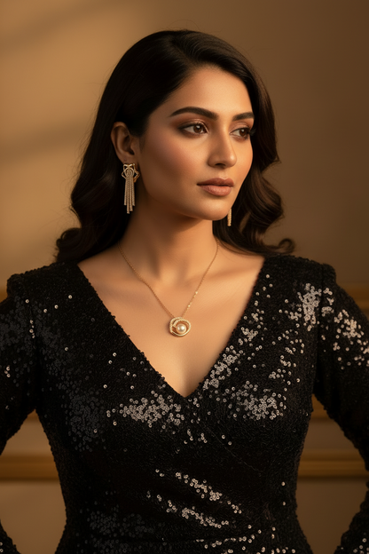 ROSE GOLD PEARL DIAMOND TANYA NACKLACE AND EARRING (COMBO)