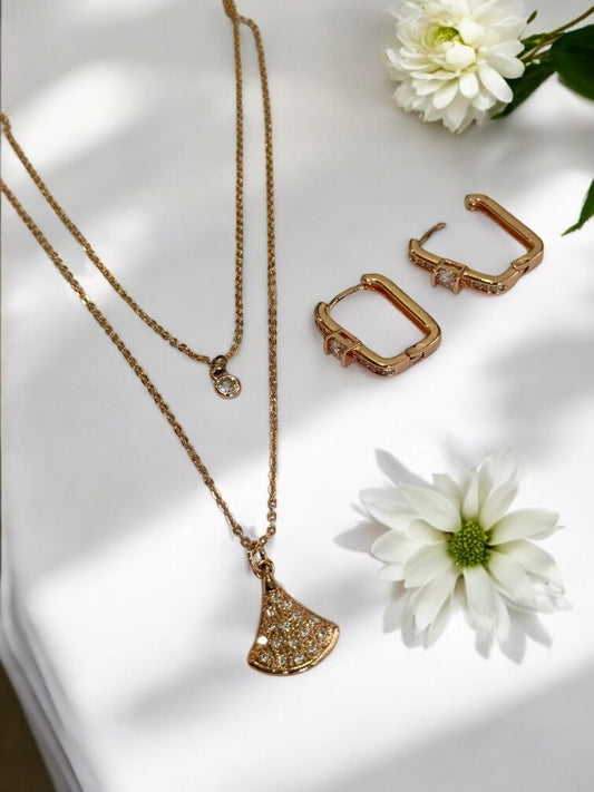 ROSE GOLD DIAMOND TWO LAYER MEHAR NECKALCE AND EARRINGS (COMBO)