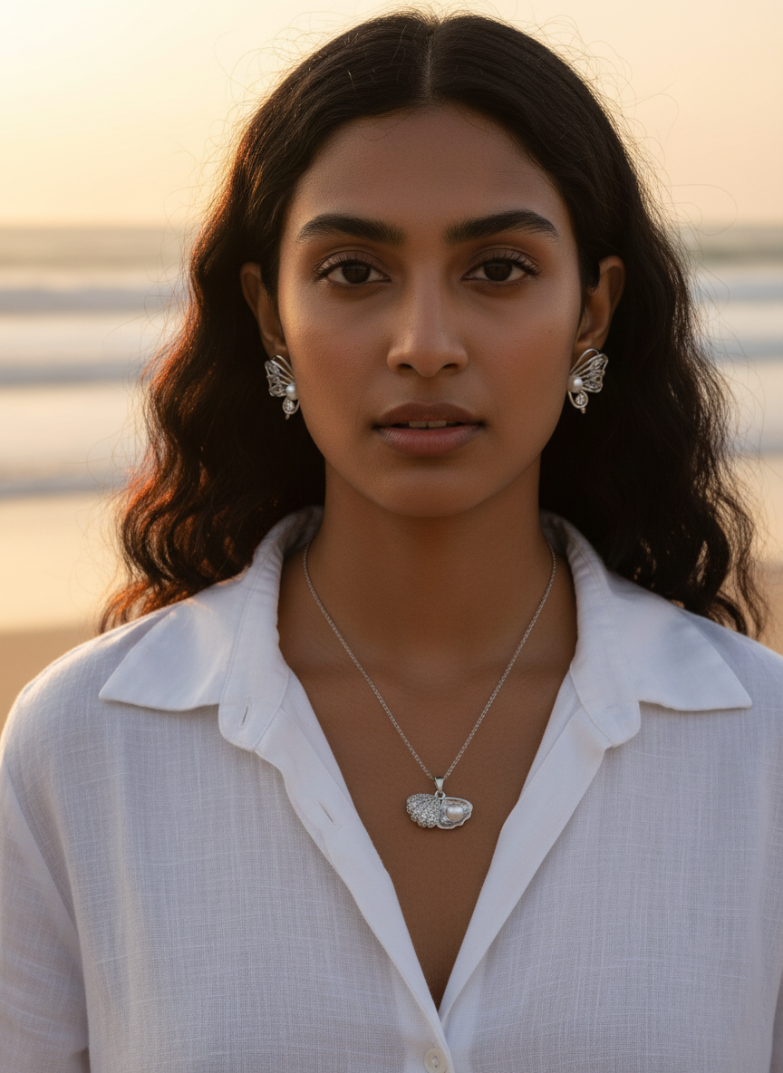 SILVER SEA SHELL PEARL  DINI NECKLACE