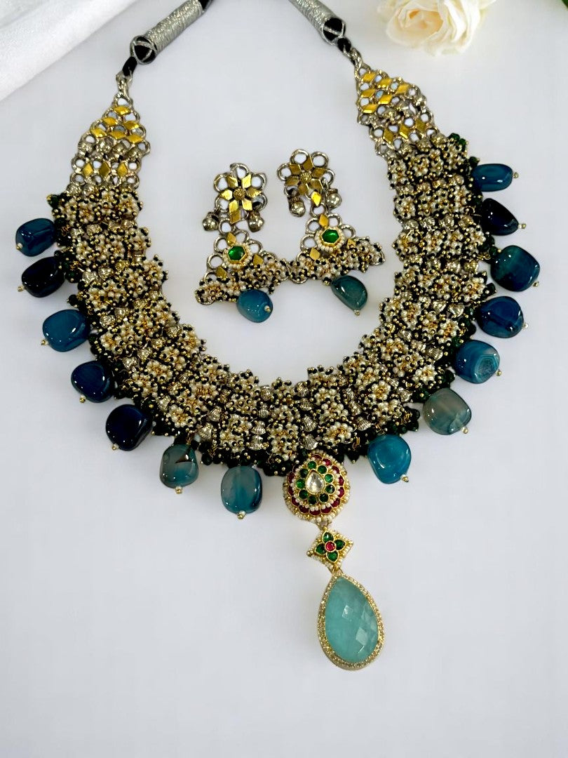 REFLECTION OF BLUE GUNJIKAA GERMAN SILVER JEWELLERY SET