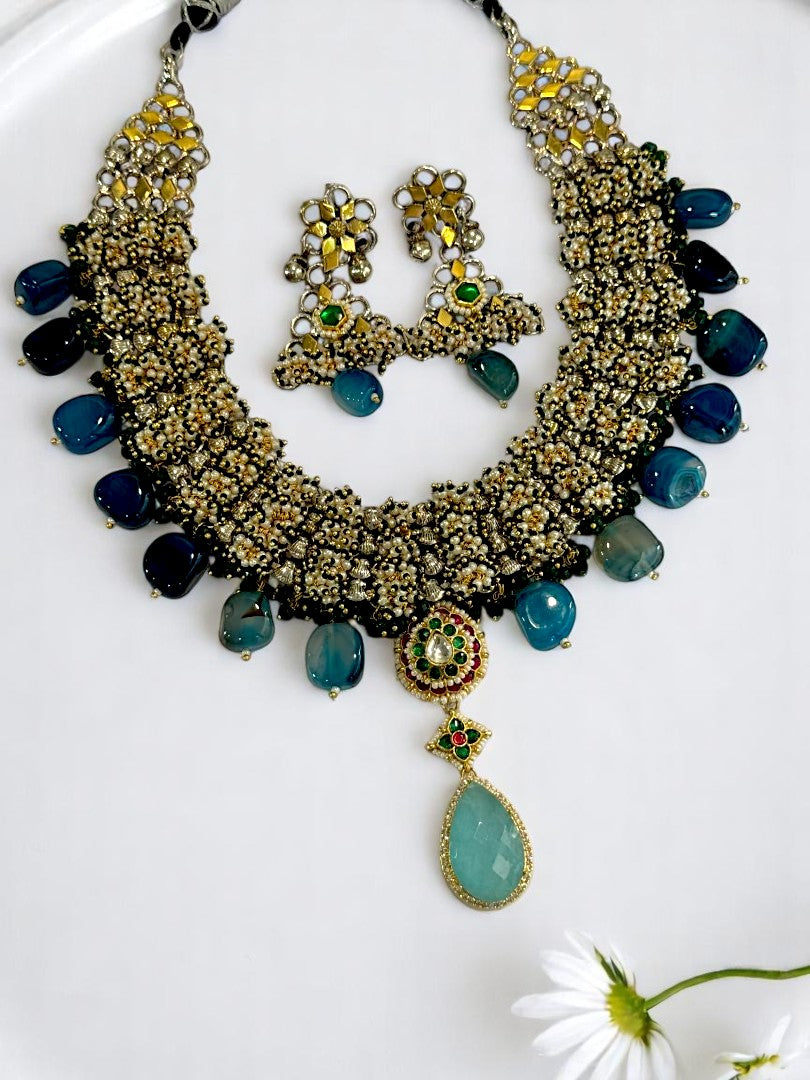 REFLECTION OF BLUE GUNJIKAA GERMAN SILVER JEWELLERY SET