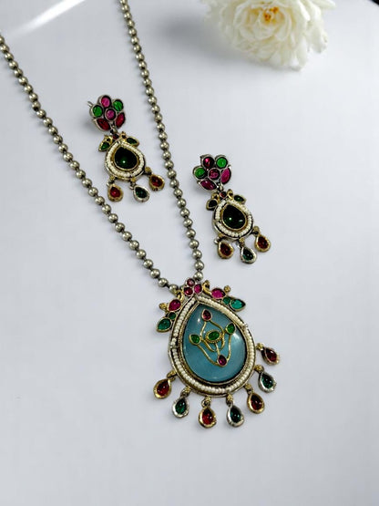 SEA BLUE HARINIE GERMAN SILVER JEWELLERY SET