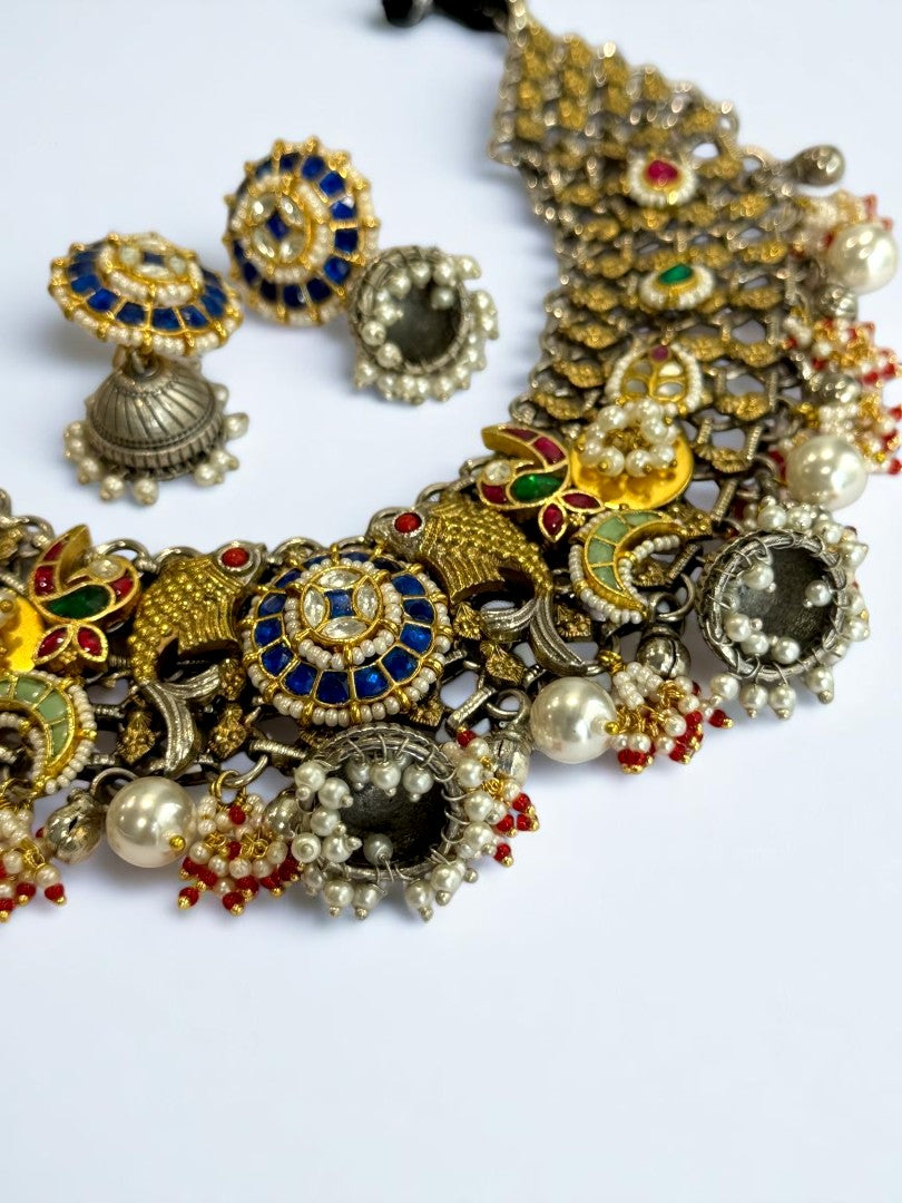 BLUE NIMISHA GERMAN SILVER JEWELLERY SET