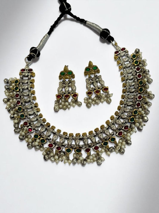 GREEN RED NAISHA GERMAN SILVER JEWELLERY SET