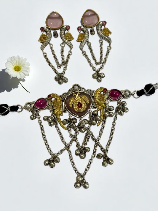 PINK SHANI GERMAN SILVER JEWELLERY SET